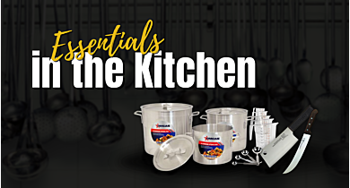 Smallwares including pots and pans on a black background