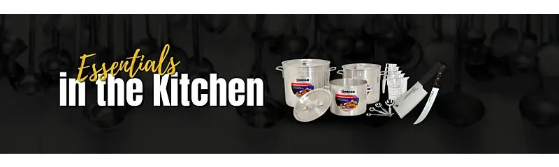 Smallwares including pots and pans on a black background