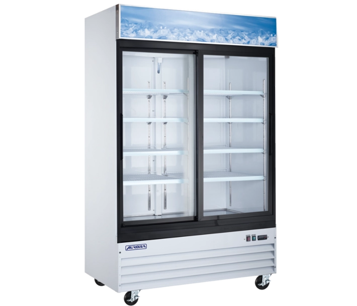 Aurora 54" White Two Sliding Glass Door Reach-In Merchandiser Refrigerator with 1274L Capacity and Lightbox - 120V, 249W - CA