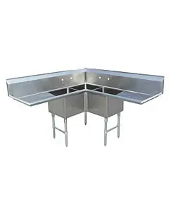 Zanduco 57" 18-Gauge Three Compartment Corner Stainless Steel Sink with 3.5" Center Drain and Two Drain Boards - 18" x 18" x 14" Bowls