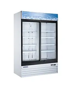 Aurora 54" White Two Sliding Glass Door Reach-In Merchandiser Refrigerator with 1274L Capacity and Lightbox - 120V, 249W