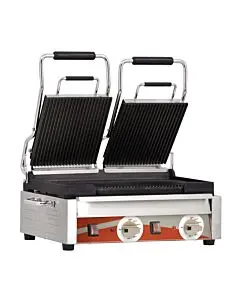 Omcan Double Panini Grill with Grooved Plates 10" x 18" Cooking Surface - 220V, 3200W