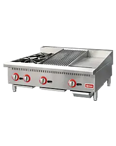 Omcan 36" Natural Gas Combination Countertop Hot Plate, Charbroiler, and Griddle - 115,000 BTU