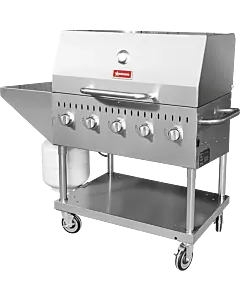 Omcan Stainless Steel Gas Outdoor BBQ Grill with 5 Burners, 1 Roll Dome, Top and Side Shelf - 80,000 BTU