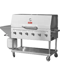 Omcan Stainless Steel Gas Outdoor BBQ Grill with 6 Burners, 1 Roll Dome, Top and Side Shelf - 96,000 BTU