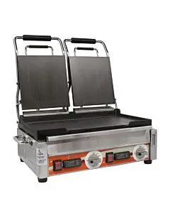 Omcan Double Panini Grill with Smooth Plates with Timer 10" x 18" Cooking Surface - 220V, 3200W