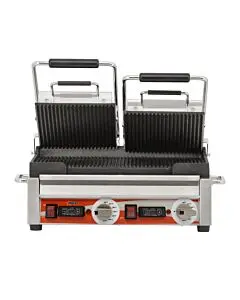 Omcan Double Panini Grill with Top and Bottom Grooved Grill 10" x 18" Surface and Timer - 220V, 3200W