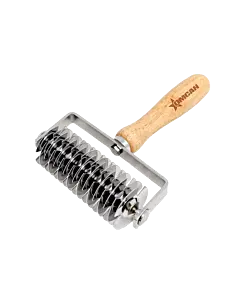 Omcan 5.25" x 8" x 2" Stainless Steel Lattice Dough Roller Cutter - Rubber Wood Handle
