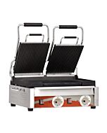 Omcan Double Panini Grill with Grooved Plates 10" x 18" Cooking Surface - 220V, 3200W