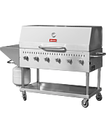 Omcan Stainless Steel Gas Outdoor BBQ Grill with 6 Burners, 1 Roll Dome, Top and Side Shelf - 96,000 BTU