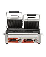 Omcan Double Panini Grill with Top and Bottom Grooved Grill 10" x 18" Surface and Timer - 220V, 3200W