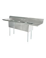 Zanduco 90" 18-Gauge Three Compartment  Stainless Steel  Sink with 1.8" Corner Drain and Two Drain Boards - 18" X 18" X 11" Bowls