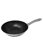 Omcan 11" Stainless Steel 3-Ply Non-Stick Flat Bottom Wok with Stainless Steel Handle 3.15" Depth