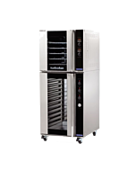 Turbofan E32D5/P12M Full Size Sheet Pan Digital/Electric Convection Oven Double Stacked on a Manual/Electric/Proofer and Holding Cabinet