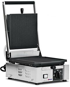 Omcan Elite Series 10" x 9" Single Panini Grill with Grooved Top and Smooth Bottom Grill Surface
