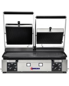 Omcan Elite Series Double Panini Grill with Grooved Top and Half Grooved Half Smooth Bottom Grill Plates - 10" x 19"