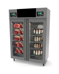 Omcan Stagionello + Maturmeat 100 + 100 kg Cabinet with ClimaTouch, Fumotic and Rear Glass Panel - 58" STGTWCOTW