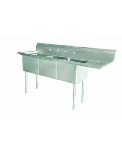 Zanduco 18-Gauge Stainless Steel 18" x 18" x 11" Three Tub Sink with 3.5" Center Drain and Right Drain Board