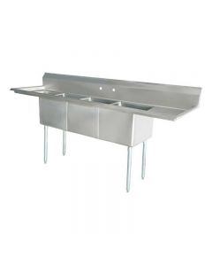 Zanduco 18-Gauge Stainless Steel 18" x 18" x 11" Three Tub Sink with 3.5" Center Drain and Two Drain Boards