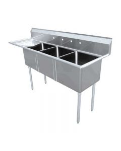 Zanduco 18-Gauge Stainless Steel 24" x 24" x 14" Three Tub Sink with 3.5" Center Drain and Left Drain Board