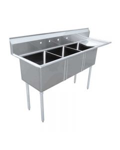 Zanduco 18-Gauge Stainless Steel 24" x 24" x 14" Three Tub Sink with 3.5" Center Drain and Right Drain Board