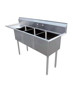 Zanduco 18-Gauge Stainless Steel 10" x 14" x 10" Three Tub Sink with 3.5" Center Drain and Left Drain Board