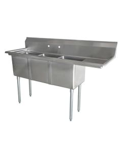 Zanduco 18-Gauge Stainless Steel 10" x 14" x 10" Three Tub Sink with 3.5" Center Drain and Right Drain Board