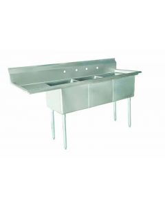 Zanduco 18-Gauge Stainless Steel 18" x 18" x 11" Three Tub Sink with 3.5" Center Drain and Left Drain Board