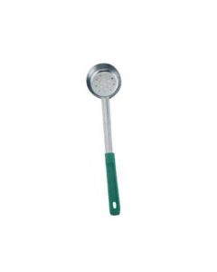 Zanduco 4 oz. One-Piece Stainless Steel Perforated Portion Control Spoon with Green Handle