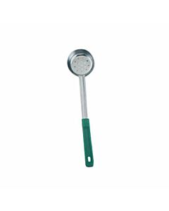 Zanduco 4 oz. One-Piece Stainless Steel Perforated Portion Control Spoon with Green Handle
