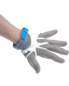 Omcan 5 Finger Stainless Steel Mesh Glove with Blue Silicone Strap – Large