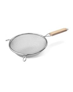 Omcan Tinned Double Mesh Strainer with 6 1/8" Flat Wood Handle