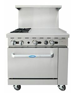 Atosa AGR-2B24GR 36'' Range with (2) 32000 BTU Open Burners and 24" Griddle on the right with (1) 26" 1/2 wide Oven