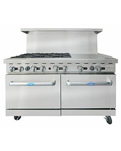 Atosa AGR-6B24GR 60" Range with (6) 32000 BTU Open Burners and 24" Griddle on the right with (2) 26" 1/2 Wide Ovens