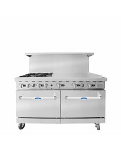 Atosa AGR-4B36GR 60'' Range with (4) 32000 BTU Open Burners and 36'' Griddle on the right with (2) 26'' 1/2 Wide Ovens