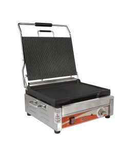 Omcan 1800-Watt Single Panini Grill with Ribbed Top and Bottom - 12" x 15"