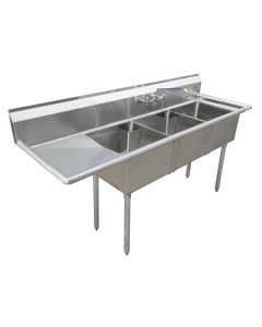 Zanduco 18-Gauge Stainless Steel Three Tub Sink with Corner Drain - Drainboard options available