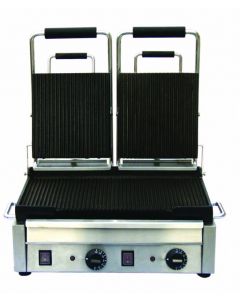 Omcan 3200-Watt Double Panini Grill with Ribbed Top and Bottom - 10" x 18"