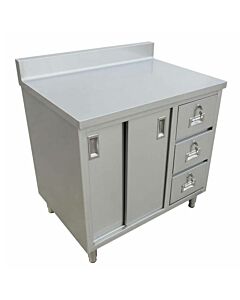 Omcan 24" Depth Worktable with Backsplash, Cabinet, Drawes, and Sliding Doors
