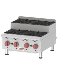 Omcan Countertop Stainless Steel Step Up Gas Hot Plates with 4 Burners Natural Gas with Propane Conversion Kit - 120,000 BTU