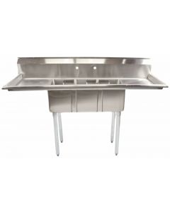Zanduco 18-Gauge Stainless Steel 10" X 14" X 10" Three Tub Sink with 1.5" Corner Drain and 16" Left/Right Drain Board