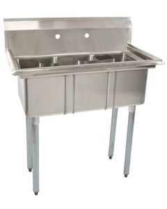Zanduco REFURBISHED 10" X 14" X 10" Three Tub Sink with 1.5" Corner Drain and No Drain Board