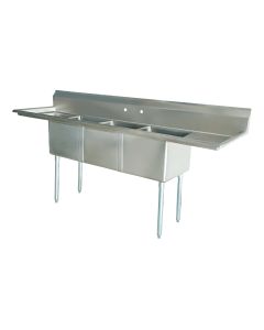 Zanduco 18-Gauge Stainless Steel Three Tub Sink with Center Drain - Drainboard options available