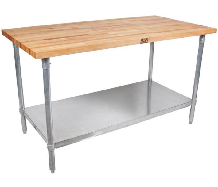 John Boos JNS13 30" x 96" Maple Top Work Table, 1.5" Thickness - Galvanized Base & Shelf - USA
