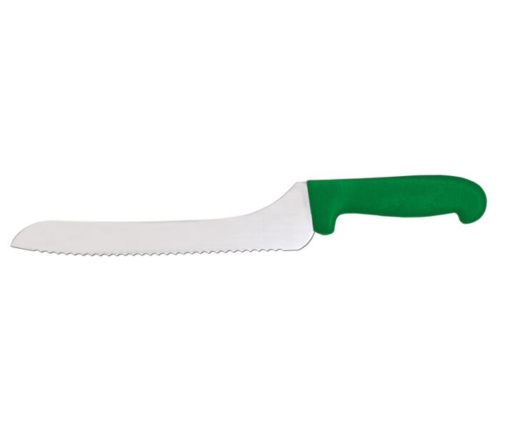 Omcan 9" Slicer Off-Set Wave Edge Blade Knife with Green Polypropylene Handle - CA