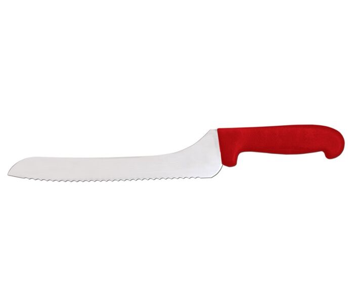 Omcan 9" Slicer Off-Set Wave Edge Blade Knife with Red Polypropylene Handle - USA