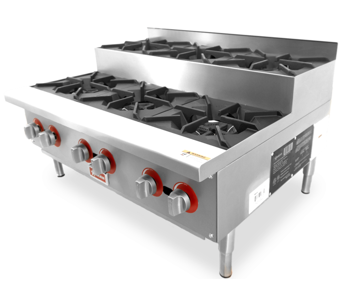 Omcan 36" Gas Hotplate Step Up with 6 Burners Natural Gas with Propane Conversion Kit - 156,000 BTU - CA