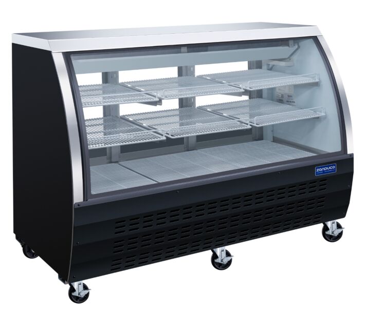 Zanduco Scratch and Dent 64" 620L Curved Glass Refrigerated Floor Display Case with Stainless Steel Exterior Black - CA