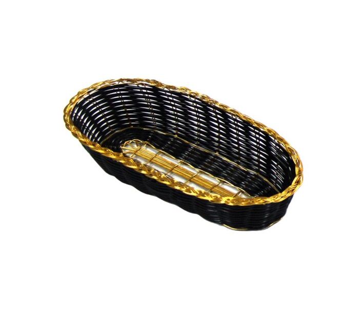 Omcan 9" x 4.25" x 2" Black Oval Woven Basket With Golden Trim - CA