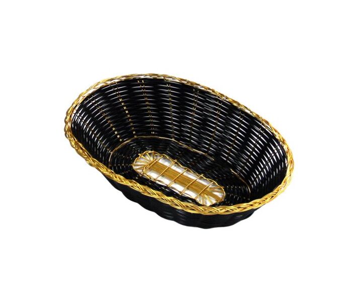 Omcan 9" x 6.25" x 2.25" Black Oval Woven Basket With Golden Trim - CA